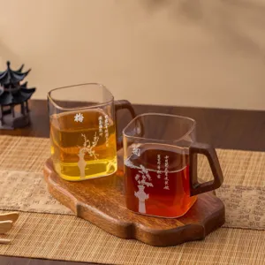 Square glass tea cup with wooden handle heat resistant clear teacup for office daily use 1pc