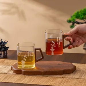 Chinese style heat-resistant glass tea cup with wooden handle and bamboo pattern.
