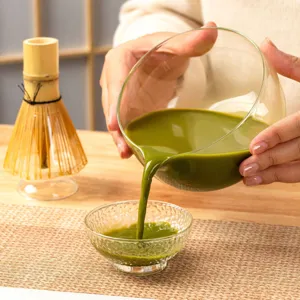 Hammered glass matcha bowl set with bamboo whisk for traditional Japanese tea ceremony home use.