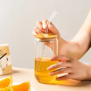 Clear Glass Can Cup with Bamboo Lid and Glass Straw for Daily Drinking and Juice