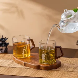 Glass tea cup set with wooden handle heat resistant clear glassware for office and home use