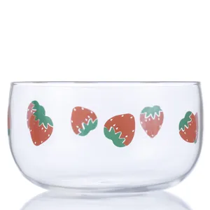 Bol en verre à motif de fraise mignon pour la maison, résistant à la chaleur pour salade.