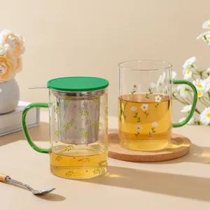 Heat-resistant glass tea mug with infuser and lid, elegant floral office water cup set.
