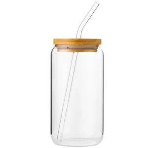 Clear glass cup with bamboo lid and straw, cute can shaped drinking tumbler for home or office.