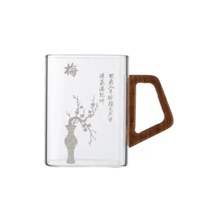 Square glass tea cup with wooden handle and traditional Chinese plum blossom design, clear.