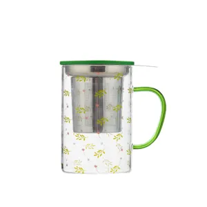 Heat-resistant glass tea infuser cup with stainless steel filter and green lid for office use