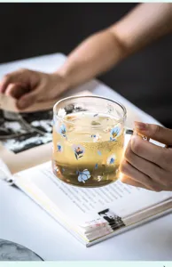 Close-up detail of a clear heat-resistant glass cup featuring delicate blue and white floral patterns.
