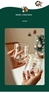 Detailed view of cute Christmas double layer glass cups featuring lovely inner 3D snowman and Santa.