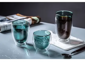 Creative double wall glass coffee cup insulated teal inner mug for office daily use detail