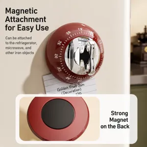 Mechanical kitchen timer with strong magnetic back, red round design, reliable cooking countdown.