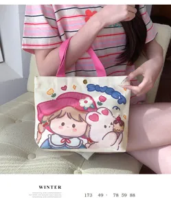 Korean style cute cartoon canvas handbag detail view, casual tote bag for daily commute.