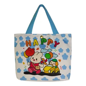 Cute canvas tote bag for women, portable small lunch bag and daily handbag with cartoon print.