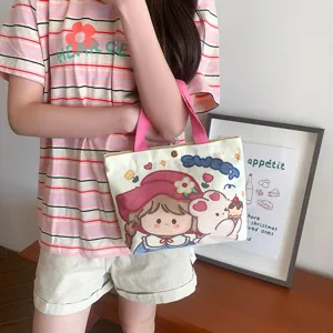 Canvas Tote Bag Women Cute Cartoon Handbag Casual Commuter Lunch Bag Daily Use Trendy