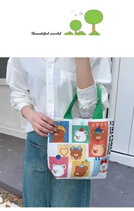 Cute cartoon bear canvas tote bag for women, stylish casual commuter handbag with vibrant prints.