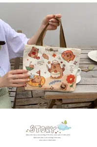 Detailed view of the cute capybara canvas tote bag, featuring clear cartoon prints and sturdy straps.