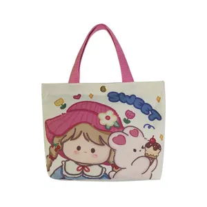 Cute cartoon canvas tote bag for women daily commute casual handbag with lunch box design