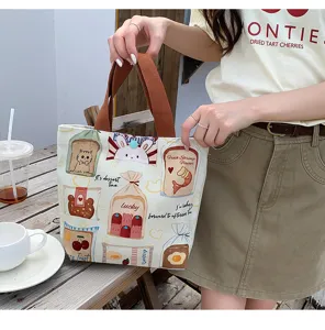Cute canvas tote bag for women commuting, cute bear print lunch bag with brown handles.