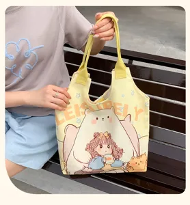 Cute cartoon canvas tote bag for women, large capacity casual shoulder bag daily commuter.
