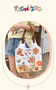 Cute capybara print canvas shoulder bag, large capacity casual daily tote bag for women.