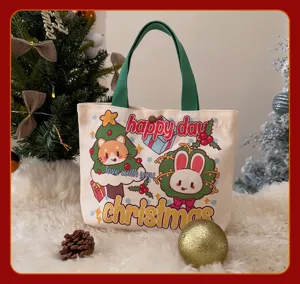 Sac cabas en toile de Noël avec joli imprimé de chat et de lapin, sac à main quotidien.