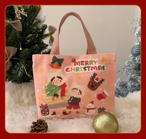 Sac cabas en toile de Noël avec imprimé cartoon mignon, sac à main rose, sac cadeau quotidien.