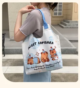 Cute capybara print canvas tote bag, large capacity shoulder vest bag for daily commute and school.