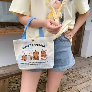 Cute cartoon capybara canvas tote bag casual shoulder handbag for women daily shopping