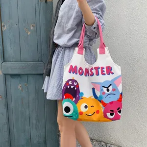 Original Cartoon Monster Printed Canvas Tote Bag Large Capacity Vest Shoulder Bag For Women Students Casual Commuter Shopping Bag