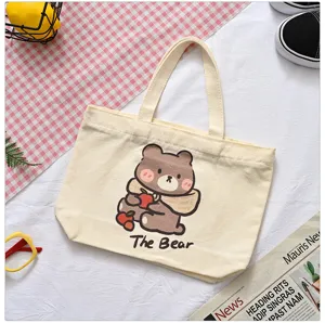 Cute canvas tote bag with bear print, perfect small handbag for daily use, lunch box bag.
