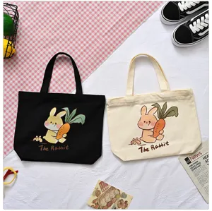 Cute canvas tote bag for women, casual shopping handbag with rabbit print, lightweight daily purse.
