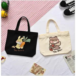 Cute canvas tote bag with rabbit and bear print, casual handbag for daily lunch and office.