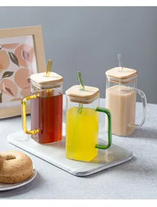 Square glass cup with handle, aesthetic straw tumbler for home, cute heat-resistant glassware.
