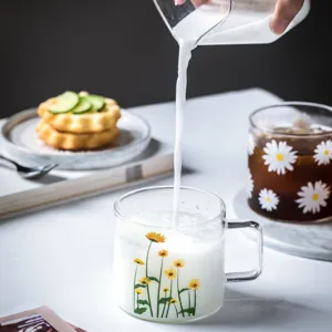Clear glass coffee mug with cute sunflower print and handle for daily breakfast milk.