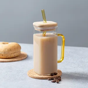 Square glass cup with wooden lid, straw and handle, clear heat-resistant drink mug for home use