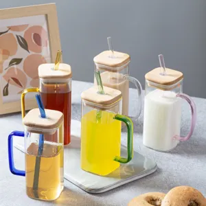Square glass cup with wooden lid handle and straw aesthetic drinkware for daily home use
