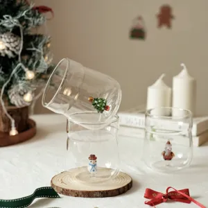 Creative Cute Cartoon Christmas Glass Cup With 3D Tree Snowman High Borosilicate Heat Resistant Coffee Milk Water Cup