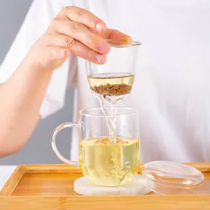 Glass tea infuser cup with filter and lid, clear borosilicate glass for office and home use.