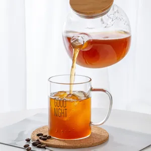 Clear heat-resistant glass coffee mug with handle and stylish wooden lid teapot set home use