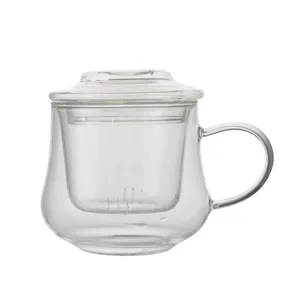 Clear glass tea mug with infuser and lid, high borosilicate glass tea cup for office use.