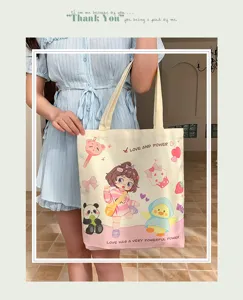 Cute cartoon print canvas tote bag, casual large capacity shoulder bag for women and students.