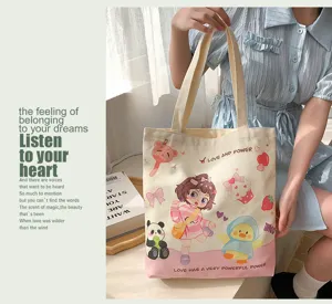Große Kapazität Damen Segeltuch Handtasche süßer Cartoon Druck Student Schultertasche.