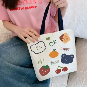 Women Cute Cartoon Canvas Handbag Casual Printed Mini Tote Portable Lunch Bento Bag Work Commute Small Zipper Square Bag Gift