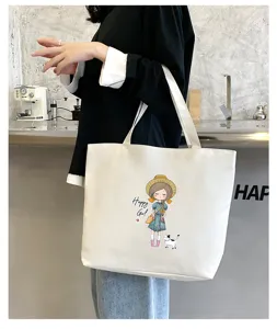 Large capacity canvas tote bag for women, casual cute cartoon shoulder bag for daily commute.