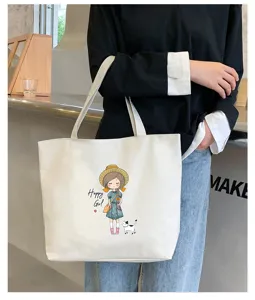 Casual white canvas tote bag for women, large capacity cartoon print shoulder bag for daily use.