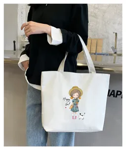 Casual canvas tote bag detail, featuring cute cartoon girl print, large capacity daily use.