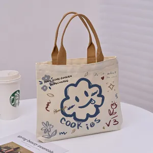 Koreanischer Canvas Shopper für Studenten, lässige Umhängetasche mit süßem Grafikdruck.