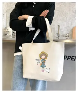Casual large capacity canvas tote bag with cute cartoon girl print, perfect for daily commuting.