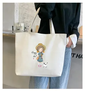 Casual white canvas tote bag with cute cartoon girl print, spacious daily shoulder bag.