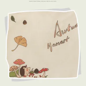 Canvas bag detail featuring cute autumn harvest illustration with hedgehog and mushrooms.