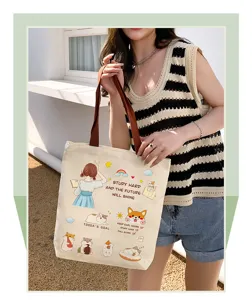 Sac cabas en toile vue de détail, grand sac à main étudiant avec impression dessin animé.